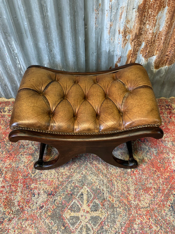 A buttoned tan leather footstool Belle and Beast Emporium