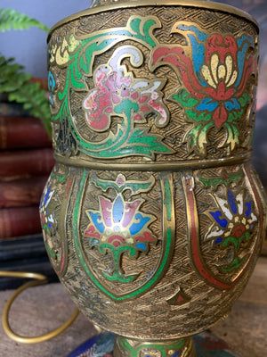 A Chinese cloisonné and brass table lamp