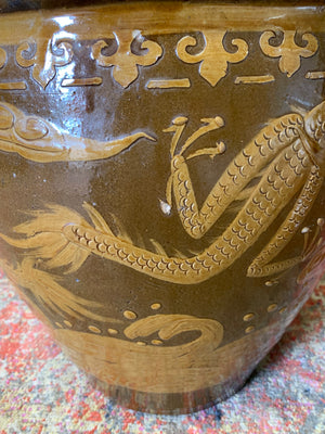 A pair of large glazed Chinese planters & one Dragon planter