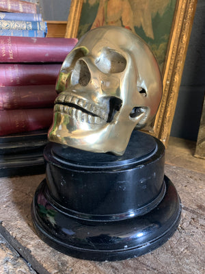 A life-size brass human skull model