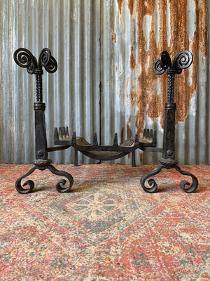 A Victorian cast iron fireplace grate ~ basket and andirons