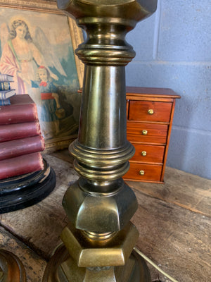 A pair of very large Hollywood Regency hexagonal brass table lamps