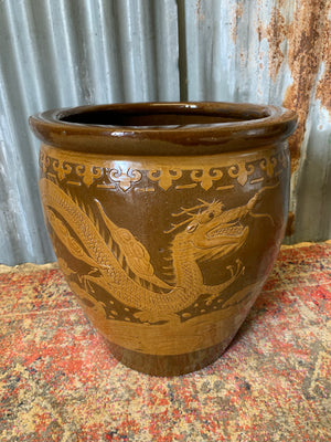 A pair of large glazed Chinese planters & one Dragon planter