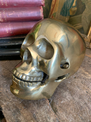 A life-size brass human skull model