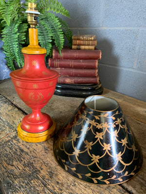 A pair of red and black toleware lamps