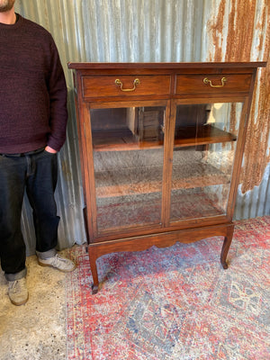 A mahogany double-fronted glass display cabinet with two drawers