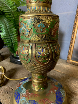 A Chinese cloisonné and brass table lamp