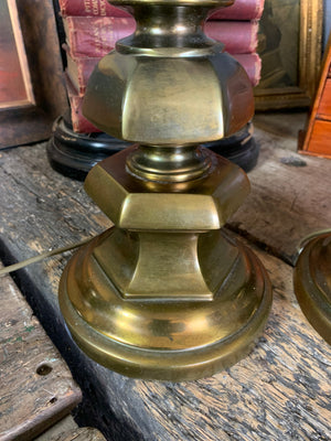 A pair of very large Hollywood Regency hexagonal brass table lamps