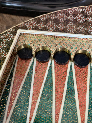 A Persian khatam tazhib circular games board and pieces