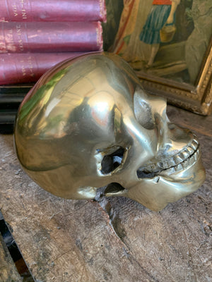 A life-size brass human skull model