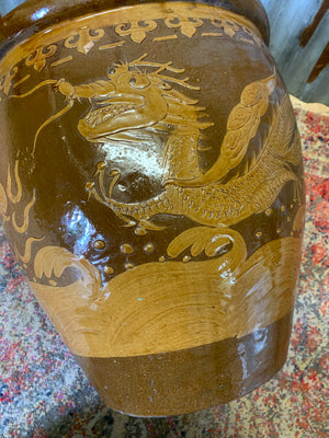 A pair of large glazed Chinese planters & one Dragon planter