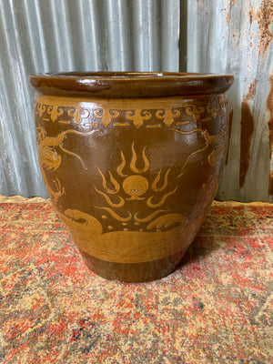 A pair of large glazed Chinese planters & one Dragon planter