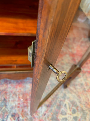 A mahogany double-fronted glass display cabinet with two drawers