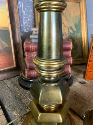 A pair of very large Hollywood Regency hexagonal brass table lamps