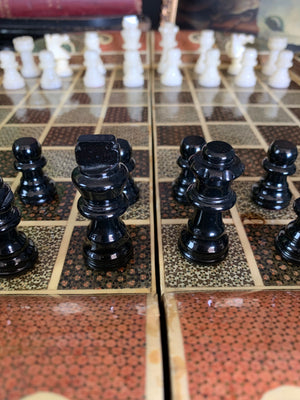 A Persian khatam tazhib circular games board and pieces