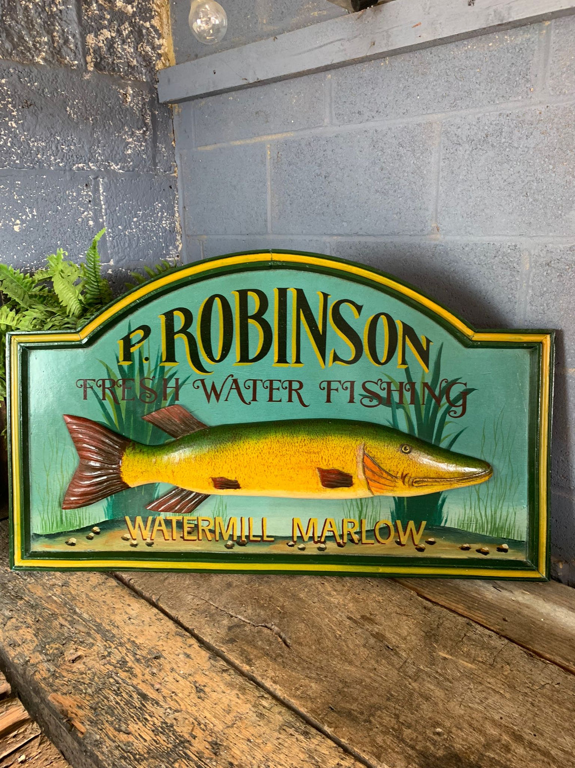 A wooden fishing sign ~ Watermill Marlow