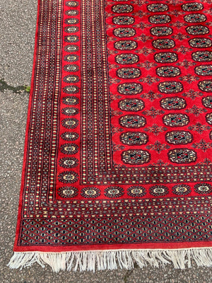 A large red ground Bokhara rectangular rug ~ 282cm x 186cm