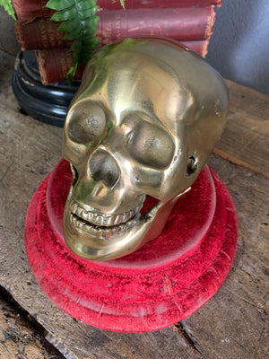 A life-size brass human skull model