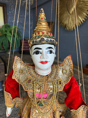 A beaded wooden Burmese marionette puppet ~ White