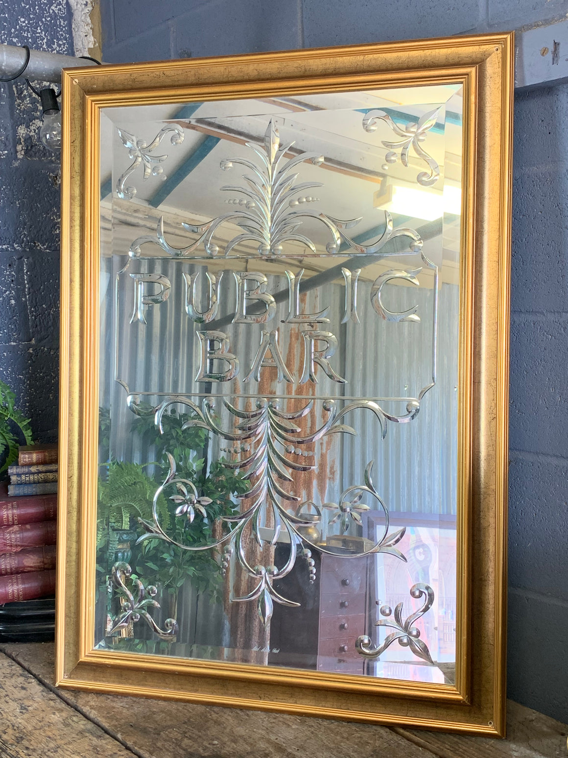 A large etched and framed ‘Public Bar’ pub mirror