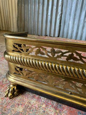 A large Victorian brass fender with lion paw feet