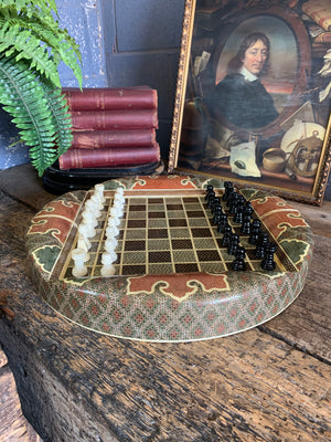 A Persian khatam tazhib circular games board and pieces