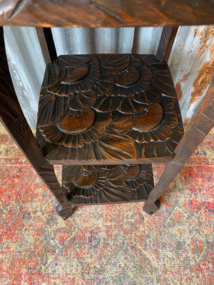 A Japanese carved three tier side table for Liberty London