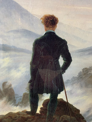 A large framed and glazed print of ‘Wanderer Above The Sea of Fog’ (1818) by Caspar David Friedrich