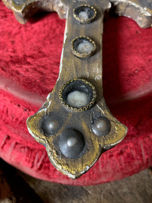 A set of oversized wooden rosary beads with memento mori motif