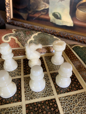 A Persian khatam tazhib circular games board and pieces