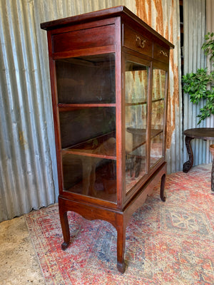 A mahogany double-fronted glass display cabinet with two drawers