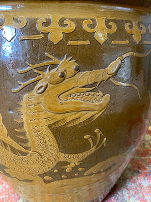 A pair of large glazed Chinese planters & one Dragon planter