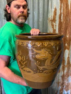 A pair of large glazed Chinese planters & one Dragon planter