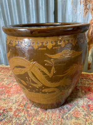 A pair of large glazed Chinese planters & one Dragon planter