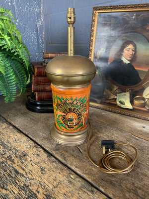 A converted tobacco jar lamp