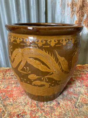 A pair of large glazed Chinese planters & one Dragon planter
