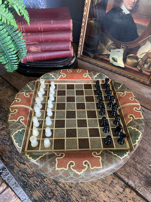 A Persian khatam tazhib circular games board and pieces