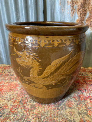A pair of large glazed Chinese planters & one Dragon planter