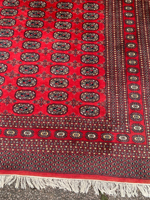 A large red ground Bokhara rectangular rug ~ 282cm x 186cm