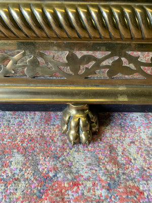 A large Victorian brass fender with lion paw feet
