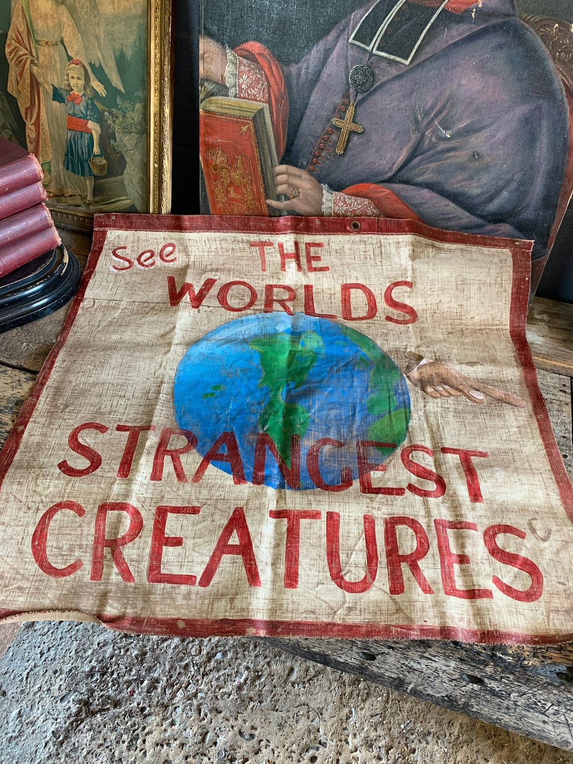 A hand painted canvas sideshow banner