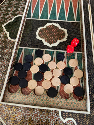 A Persian khatam tazhib circular games board and pieces