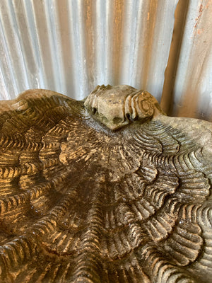 A cast stone bird bath in the form of a shell