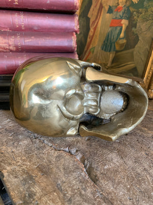 A life-size brass human skull model