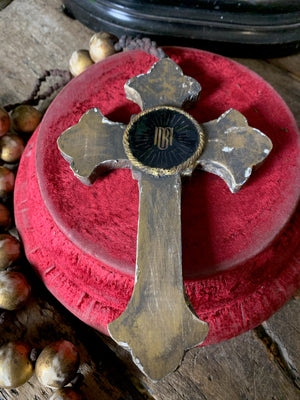 A set of oversized wooden rosary beads with memento mori motif