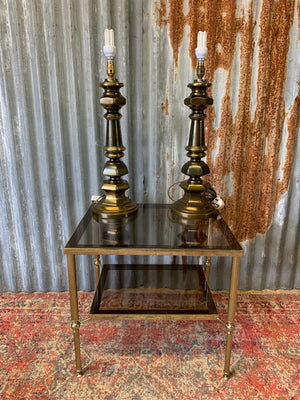 A pair of very large Hollywood Regency hexagonal brass table lamps