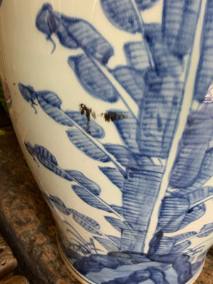 A pair of very large blue and white ginger jars