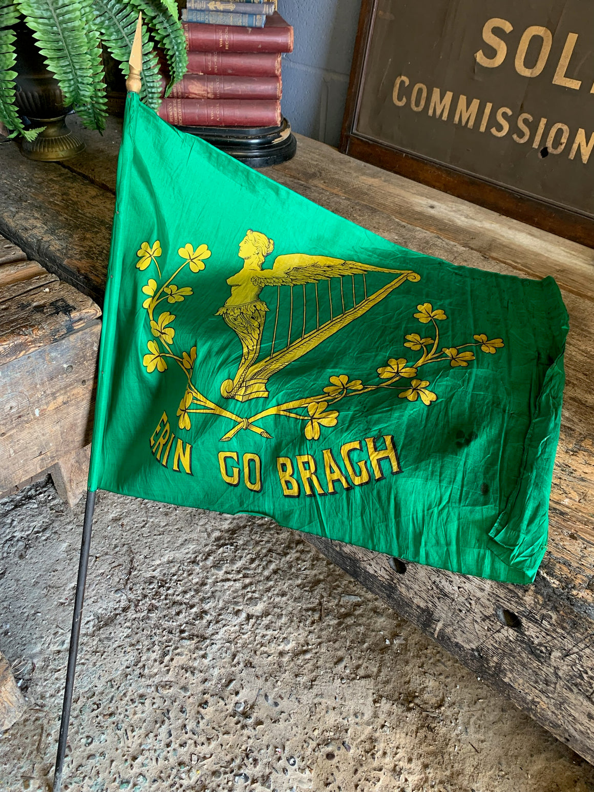 A very rare silk "Erin Go Bragh" Irish flag on a pole