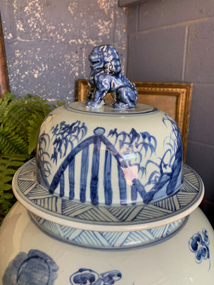 A pair of very large blue and white ginger jars