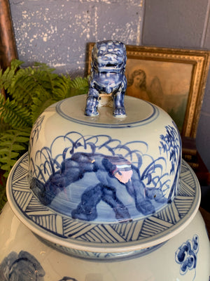 A pair of very large blue and white ginger jars